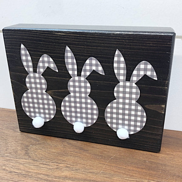 Triple Bunny Easter and Spring Rustic Wooden Block Sign, Farmhouse Style Decor for Shelf, Mantle or Tabletop