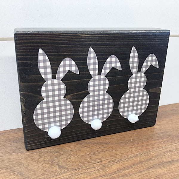 Triple Bunny Easter and Spring Rustic Wooden Block Sign, Farmhouse Style Decor for Shelf, Mantle or Tabletop