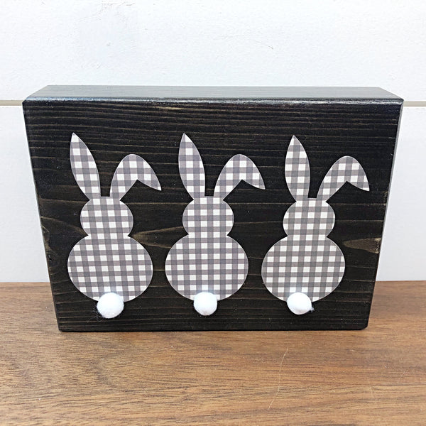 Triple Bunny Easter and Spring Rustic Wooden Block Sign, Farmhouse Style Decor for Shelf, Mantle or Tabletop