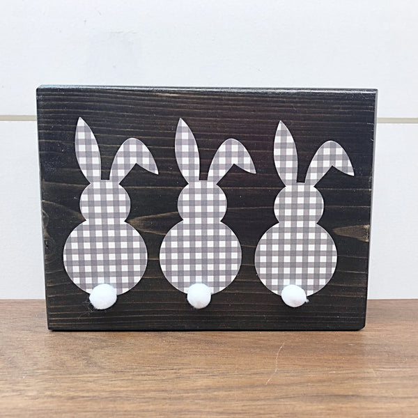 Triple Bunny Easter and Spring Rustic Wooden Block Sign, Farmhouse Style Decor for Shelf, Mantle or Tabletop