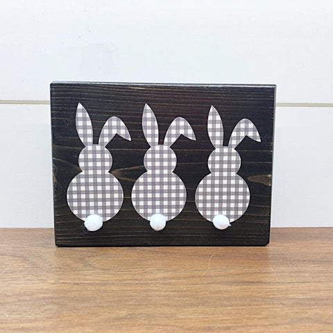Triple Bunny Easter and Spring Rustic Wooden Block Sign, Farmhouse Style Decor for Shelf, Mantle or Tabletop