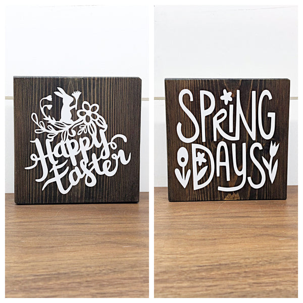 Happy Easter and Spring Days Reversible Block Sign, Double-sided Wooden Farmhouse Shelf Decor