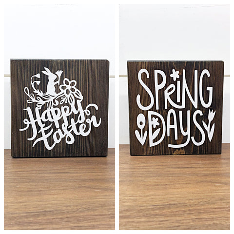 Happy Easter and Spring Days Reversible Block Sign, Double-sided Wooden Farmhouse Shelf Decor