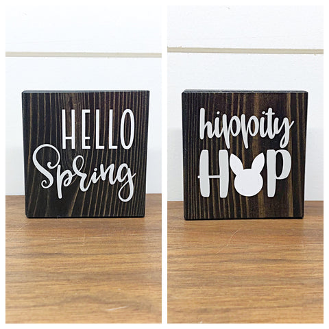 Reversible Spring and Easter Mini Wooden Block Sign, Farmhouse Decor for Shelf, Tabletop or Tiered Tray
