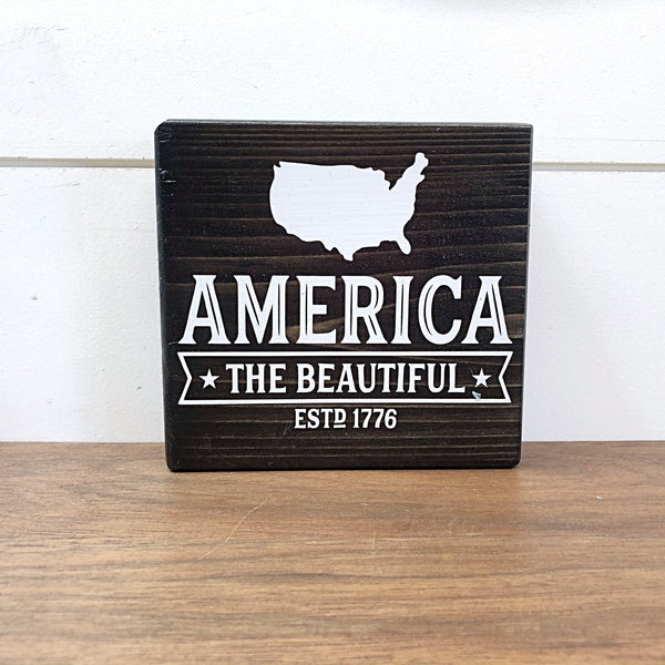 Summer and America Reversible Block Sign, Sunshine Kisses and Summer Wishes and America the Beautiful Wooden Farmhouse Decor