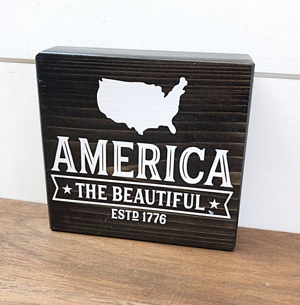 Summer and America Reversible Block Sign, Sunshine Kisses and Summer Wishes and America the Beautiful Wooden Farmhouse Decor