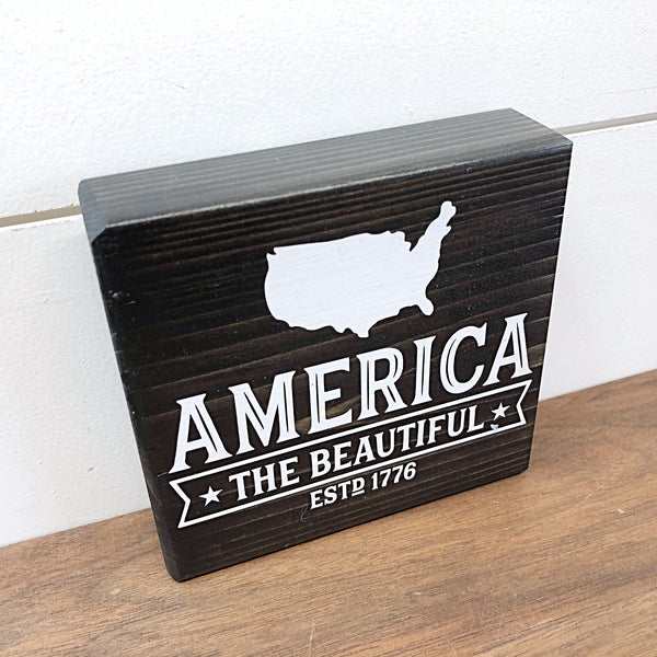 Summer and America Reversible Block Sign, Sunshine Kisses and Summer Wishes and America the Beautiful Wooden Farmhouse Decor