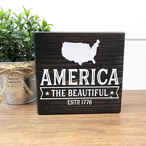 Summer and America Reversible Block Sign, Sunshine Kisses and Summer Wishes and America the Beautiful Wooden Farmhouse Decor