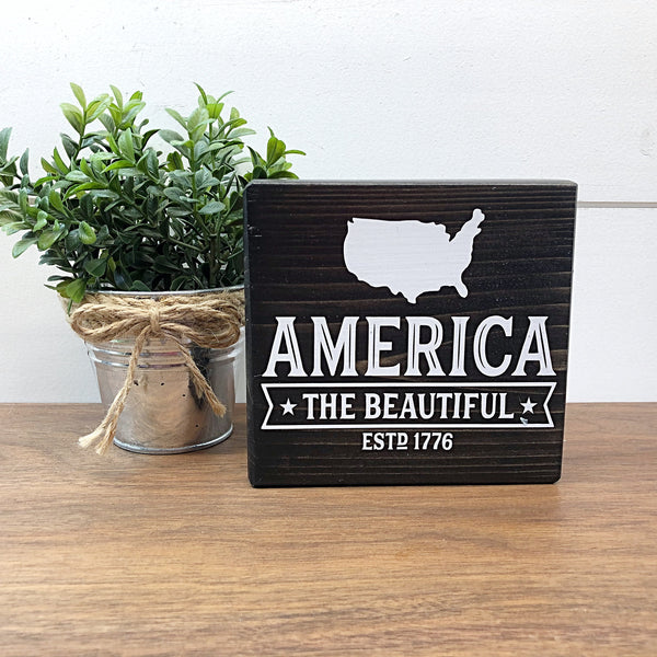 Summer and America Reversible Block Sign, Sunshine Kisses and Summer Wishes and America the Beautiful Wooden Farmhouse Decor