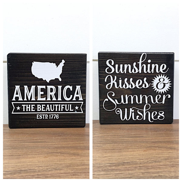 Summer and America Reversible Block Sign, Sunshine Kisses and Summer Wishes and America the Beautiful Wooden Farmhouse Decor