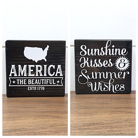 Summer and America Reversible Block Sign, Sunshine Kisses and Summer Wishes and America the Beautiful Wooden Farmhouse Decor