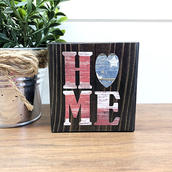 Red White and Blue Love Mini Block, 3 Inch USA Flag Block Sign for Tiered Tray or Shelf Decor