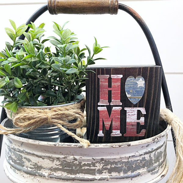 Red White and Blue Love Mini Block, 3 Inch USA Flag Block Sign for Tiered Tray or Shelf Decor