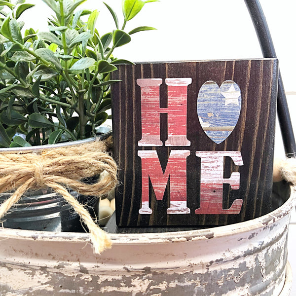 Red White and Blue Love Mini Block, 3 Inch USA Flag Block Sign for Tiered Tray or Shelf Decor