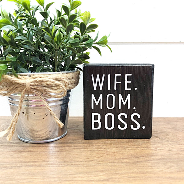 Wife Mom Boss Mini Block Sign, 3 Inch Farmhouse Style Block for Tiered Tray or Shelf Decor