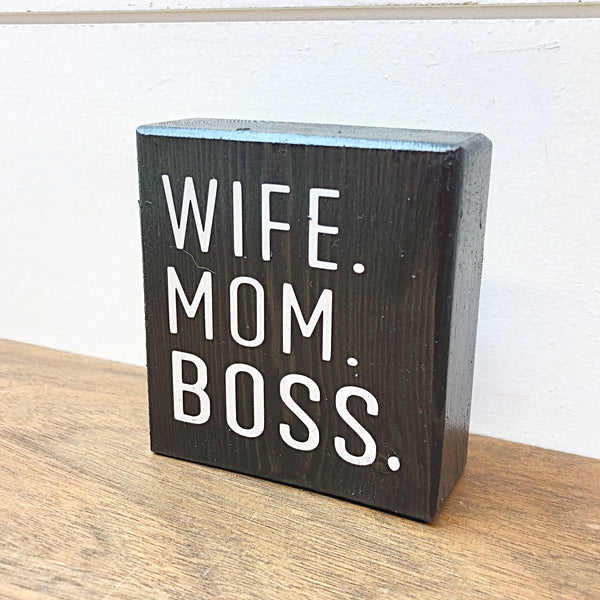 Wife Mom Boss Mini Block Sign, 3 Inch Farmhouse Style Block for Tiered Tray or Shelf Decor