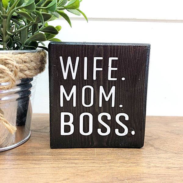 Wife Mom Boss Mini Block Sign, 3 Inch Farmhouse Style Block for Tiered Tray or Shelf Decor