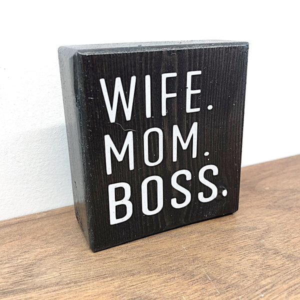 Wife Mom Boss Mini Block Sign, 3 Inch Farmhouse Style Block for Tiered Tray or Shelf Decor