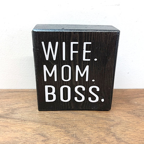 Wife Mom Boss Mini Block Sign, 3 Inch Farmhouse Style Block for Tiered Tray or Shelf Decor