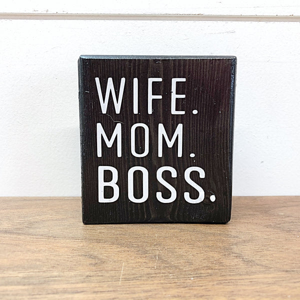 Wife Mom Boss Mini Block Sign, 3 Inch Farmhouse Style Block for Tiered Tray or Shelf Decor