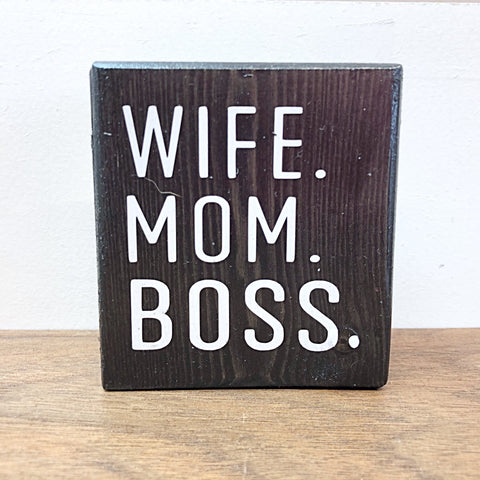 Wife Mom Boss Mini Block Sign, 3 Inch Farmhouse Style Block for Tiered Tray or Shelf Decor