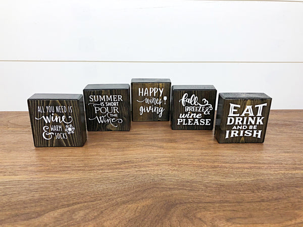 Reversible Holiday Wine Themed Blocks, Set of 5 Rustic Wooden Block Signs, Farmhouse Decor for Shelf, Tabletop or Mantle