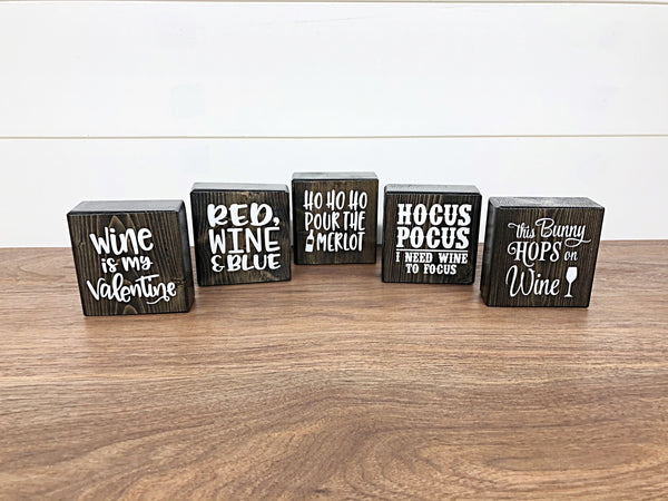 Reversible Holiday Wine Themed Blocks, Set of 5 Rustic Wooden Block Signs, Farmhouse Decor for Shelf, Tabletop or Mantle