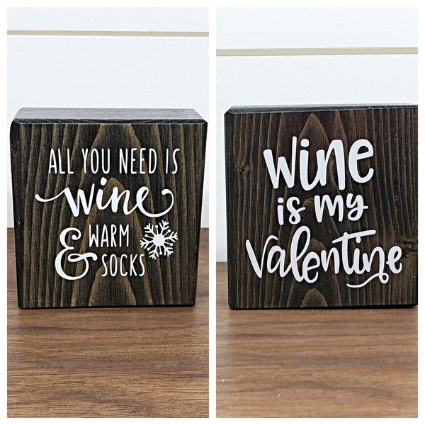 Reversible Holiday Wine Themed Blocks, Set of 5 Rustic Wooden Block Signs, Farmhouse Decor for Shelf, Tabletop or Mantle