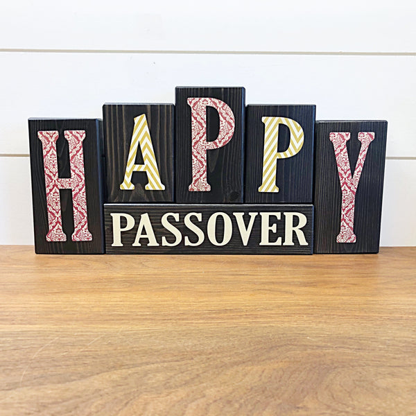 Happy Hanukkah and Happy Passover Reversible Letter Block Set, Rustic Double Sided Wooden Decor for Shelf, Tabletop or Mantle