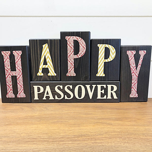 Happy Hanukkah and Happy Passover Reversible Letter Block Set, Rustic Double Sided Wooden Decor for Shelf, Tabletop or Mantle