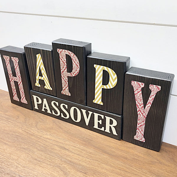 Happy Hanukkah and Happy Passover Reversible Letter Block Set, Rustic Double Sided Wooden Decor for Shelf, Tabletop or Mantle