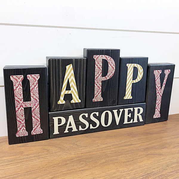 Happy Hanukkah and Happy Passover Reversible Letter Block Set, Rustic Double Sided Wooden Decor for Shelf, Tabletop or Mantle