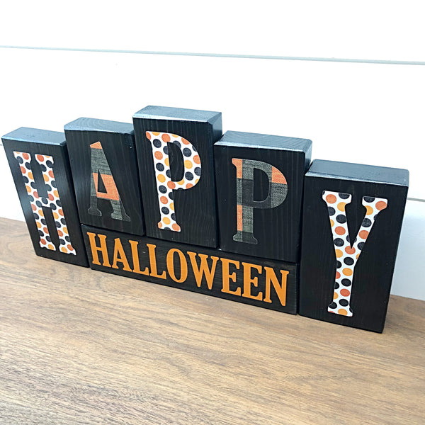 Reversible Happy Fall Ya'll and Happy Halloween Block Set, Rustic Plaid Decor for Mantle or Shelf