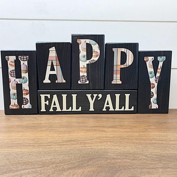 Reversible Happy Fall Ya'll and Happy Halloween Block Set, Rustic Plaid Decor for Mantle or Shelf