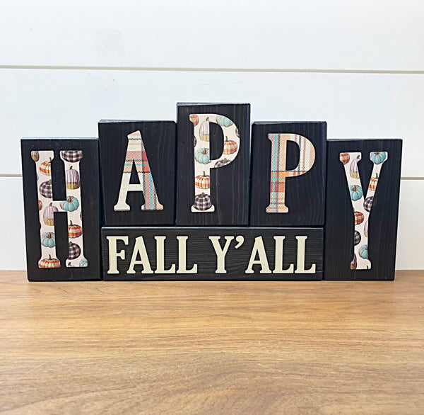 Reversible Happy Fall Ya'll and Happy Halloween Block Set, Rustic Plaid Decor for Mantle or Shelf