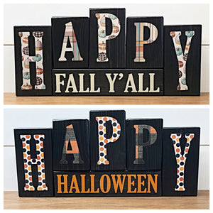 Reversible Happy Fall Ya'll and Happy Halloween Block Set, Rustic Plaid Decor for Mantle or Shelf