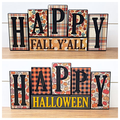 Reversible Happy Fall Ya'll and Happy Halloween Block Set, Rustic Plaid Decor for Mantle or Shelf