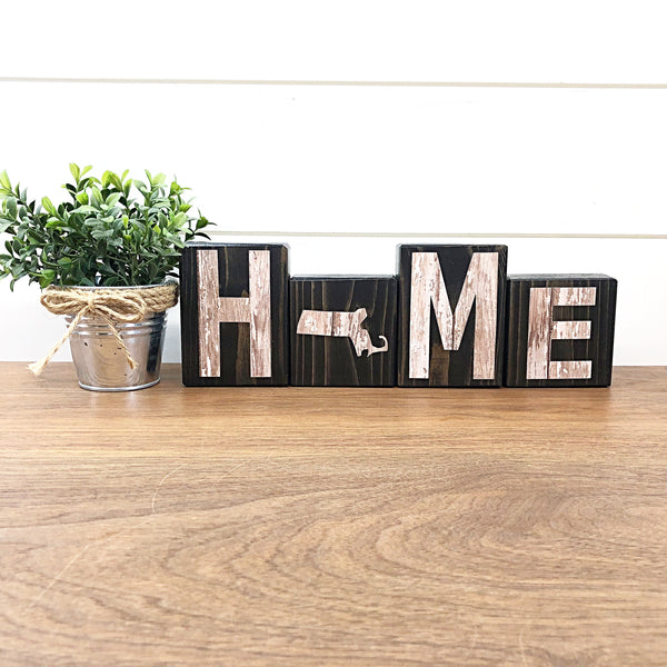 Massachusetts Home Rustic Wooden Letter Block Set, Farmhouse Style Decor for Shelf, Mantle and Tabletop