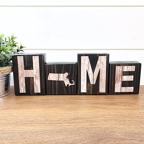 Massachusetts Home Rustic Wooden Letter Block Set, Farmhouse Style Decor for Shelf, Mantle and Tabletop