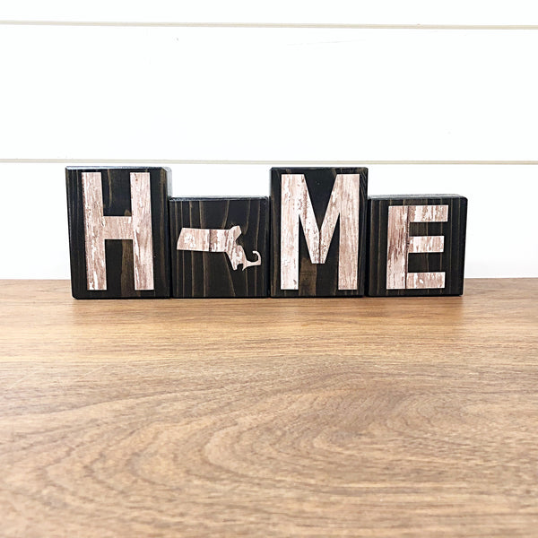 Massachusetts Home Rustic Wooden Letter Block Set, Farmhouse Style Decor for Shelf, Mantle and Tabletop