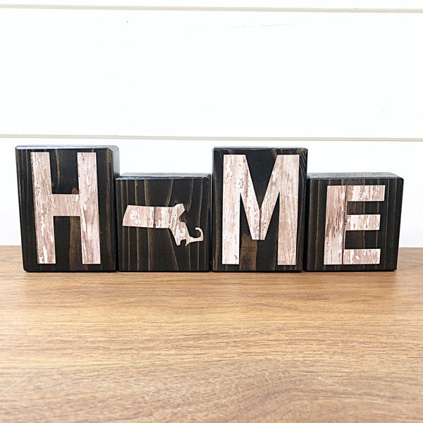 Massachusetts Home Rustic Wooden Letter Block Set, Farmhouse Style Decor for Shelf, Mantle and Tabletop