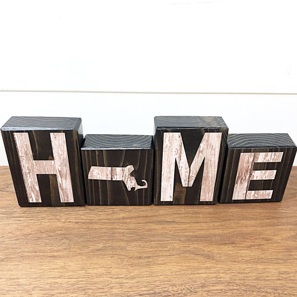 Massachusetts Home Rustic Wooden Letter Block Set, Farmhouse Style Decor for Shelf, Mantle and Tabletop