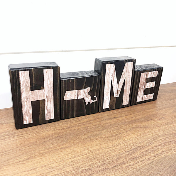 Massachusetts Home Rustic Wooden Letter Block Set, Farmhouse Style Decor for Shelf, Mantle and Tabletop