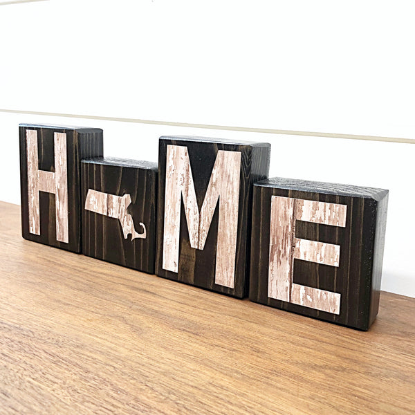 Massachusetts Home Rustic Wooden Letter Block Set, Farmhouse Style Decor for Shelf, Mantle and Tabletop