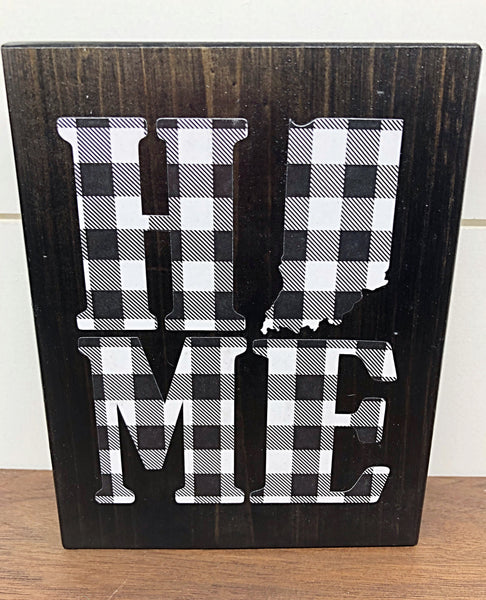 Indiana Home Rustic Wooden Block Sign, Black and White Plaid Farmhouse Style Decor for Shelf, Mantle or Tabletop