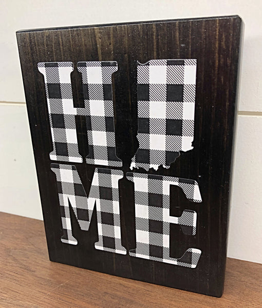 Indiana Home Rustic Wooden Block Sign, Black and White Plaid Farmhouse Style Decor for Shelf, Mantle or Tabletop