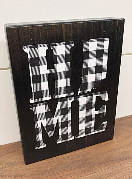 Indiana Home Rustic Wooden Block Sign, Black and White Plaid Farmhouse Style Decor for Shelf, Mantle or Tabletop