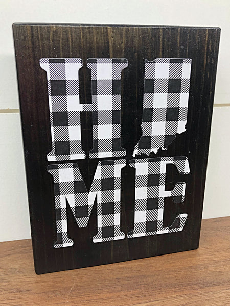 Indiana Home Rustic Wooden Block Sign, Black and White Plaid Farmhouse Style Decor for Shelf, Mantle or Tabletop