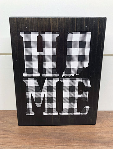 Indiana Home Rustic Wooden Block Sign, Black and White Plaid Farmhouse Style Decor for Shelf, Mantle or Tabletop