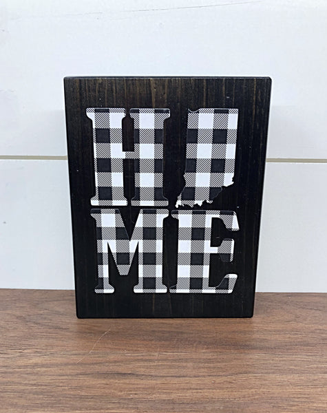 Indiana Home Rustic Wooden Block Sign, Black and White Plaid Farmhouse Style Decor for Shelf, Mantle or Tabletop